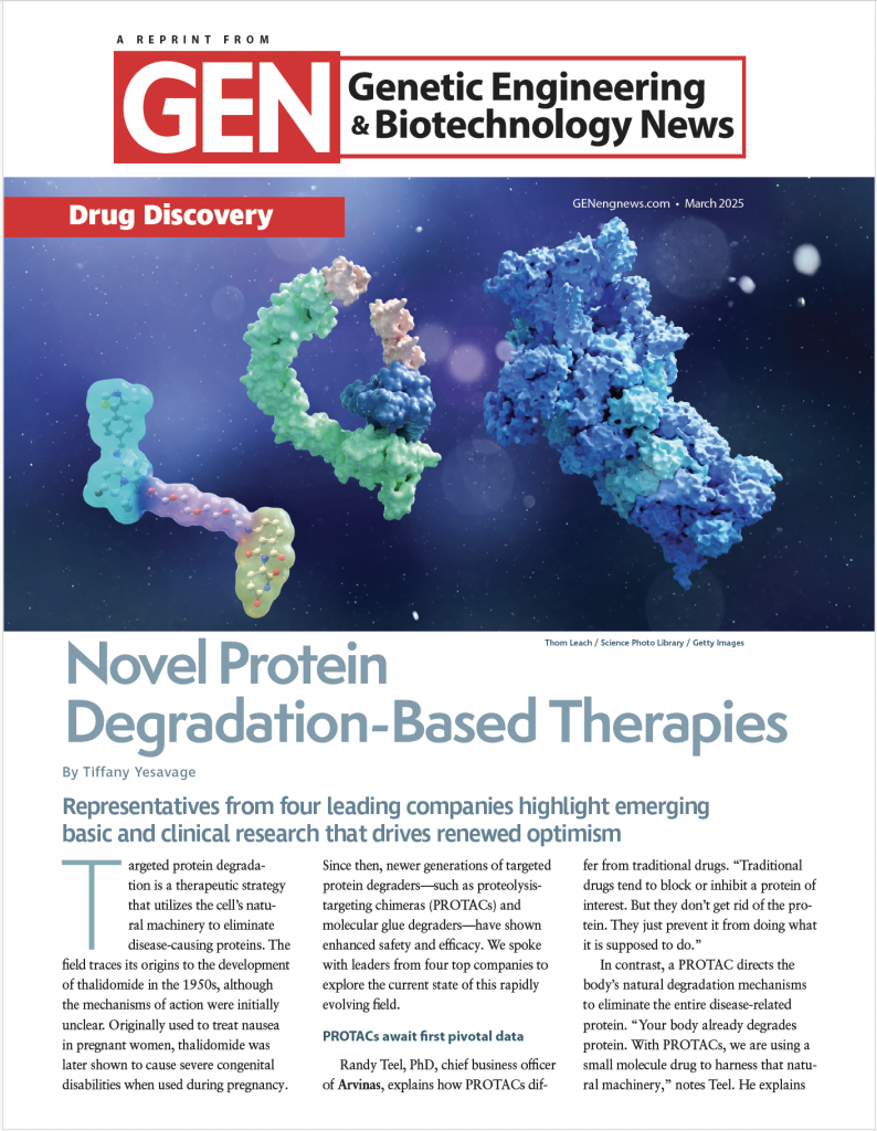 Molecular structures representing novel protein degradation-based therapies featured in Genetic Engineering & Biotechnology News, highlighting advancements in targeted protein degradation research.